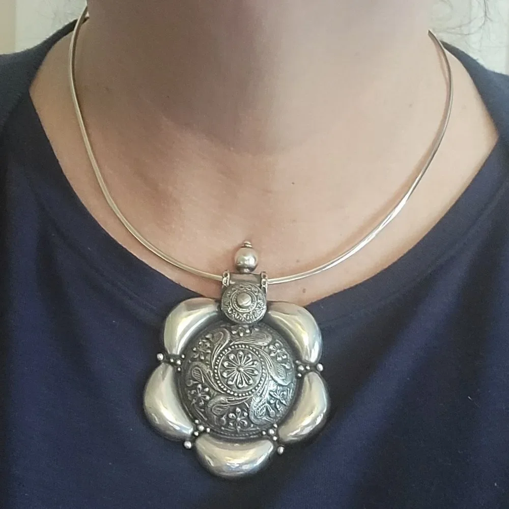 Vintage Sterling Large Boho Tribal Bird Repousee Statement Pendant